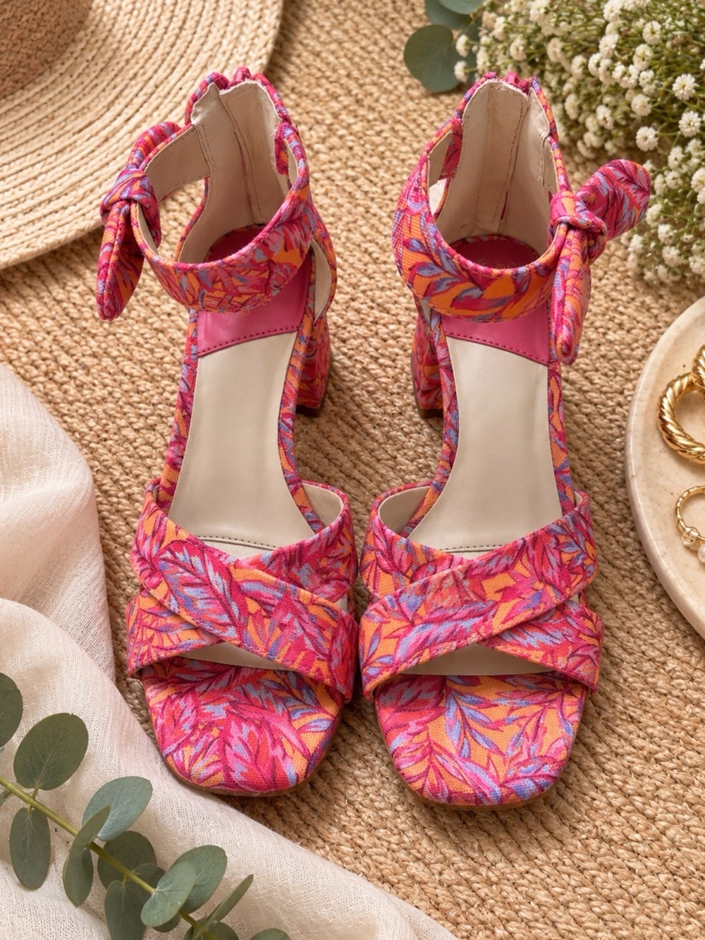 Adeline Floral Bow Block Heel Sandals